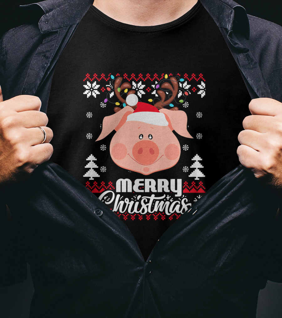 Merry Christmas Pig Santa Hat Antler Ugly T-Shirt