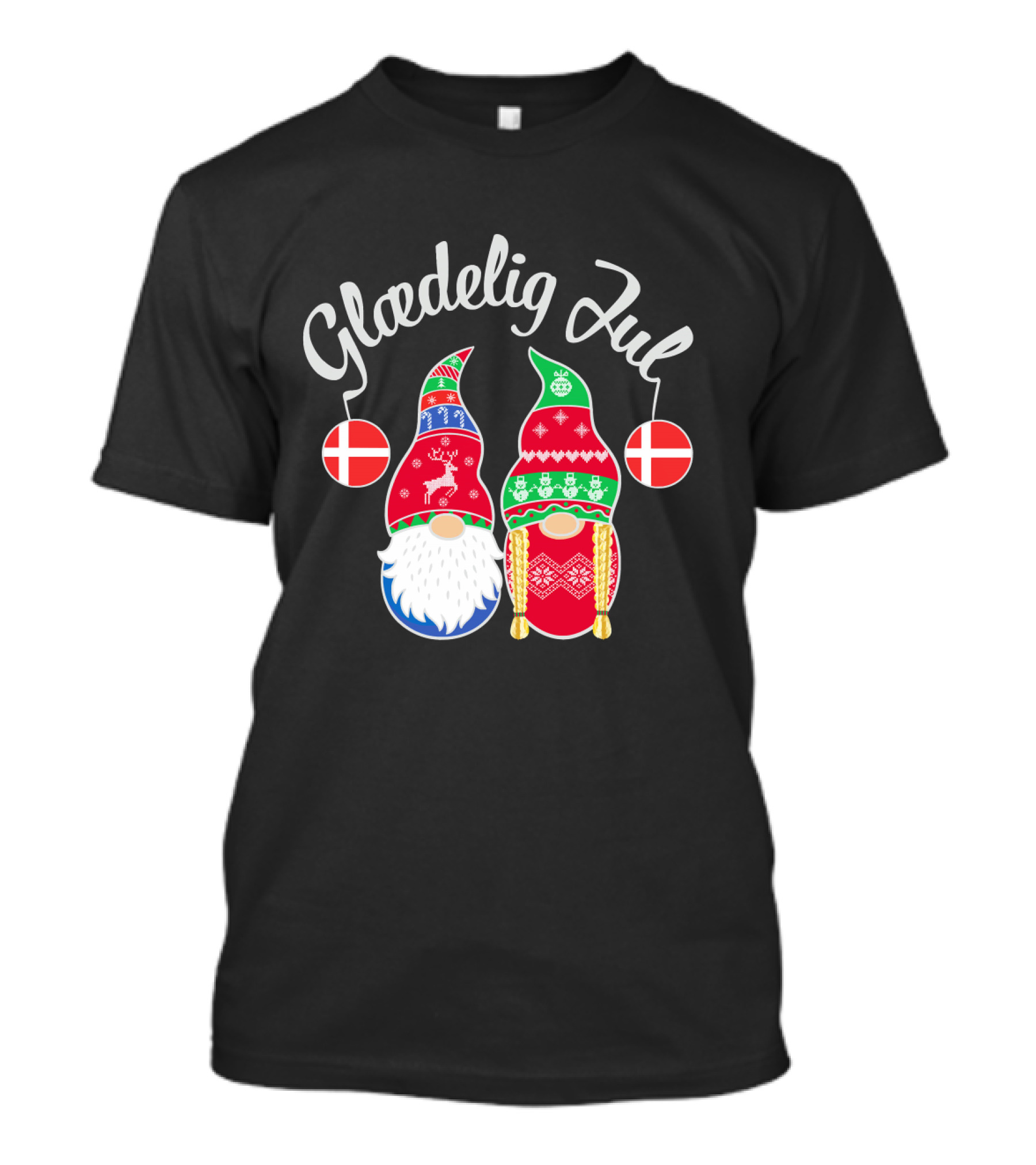 Glaedelig Jul Danish Merry Christmas With Festive Gnomes And Flags T-Shirt