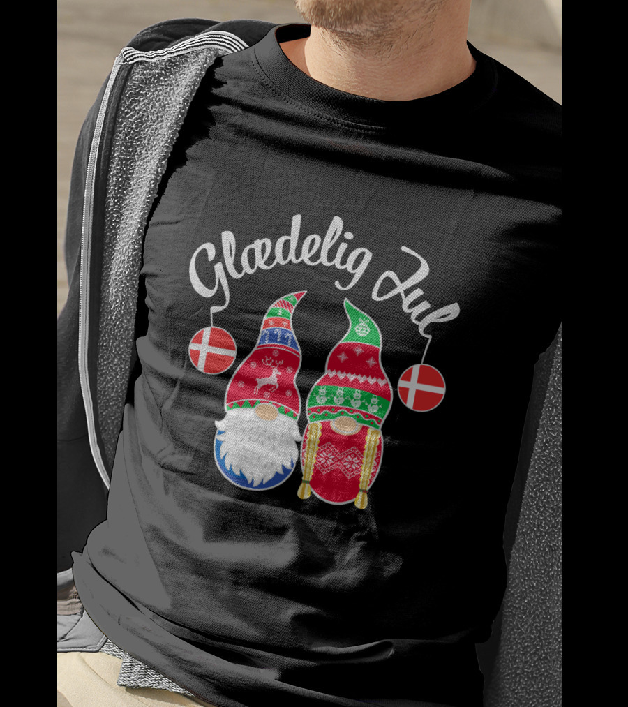 Glaedelig Jul Danish Merry Christmas With Festive Gnomes And Flags T-Shirt