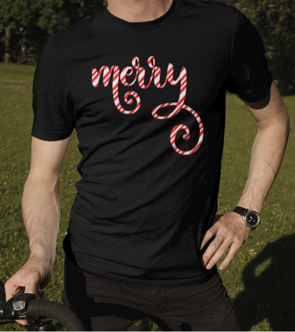 Merry Christmas Script Candy Cane Stripes T-Shirt