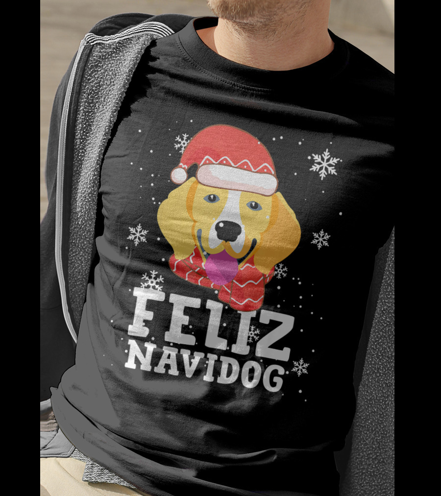 Feliz Navidog Beagle Dog Funny Christmas Snowflakes Santa Hat T-Shirt