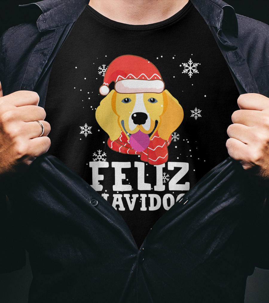 Feliz Navidog Beagle Dog Funny Christmas Snowflakes Santa Hat T-Shirt