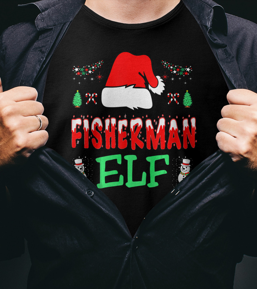 Fisherman Elf Christmas Snowman Santa Hat Candy Cane T-Shirt