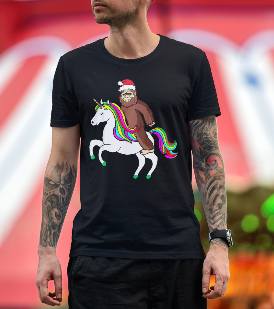 Bigfool Riding Unicorn with Santa Hat Rainbow Mane T-Shirt