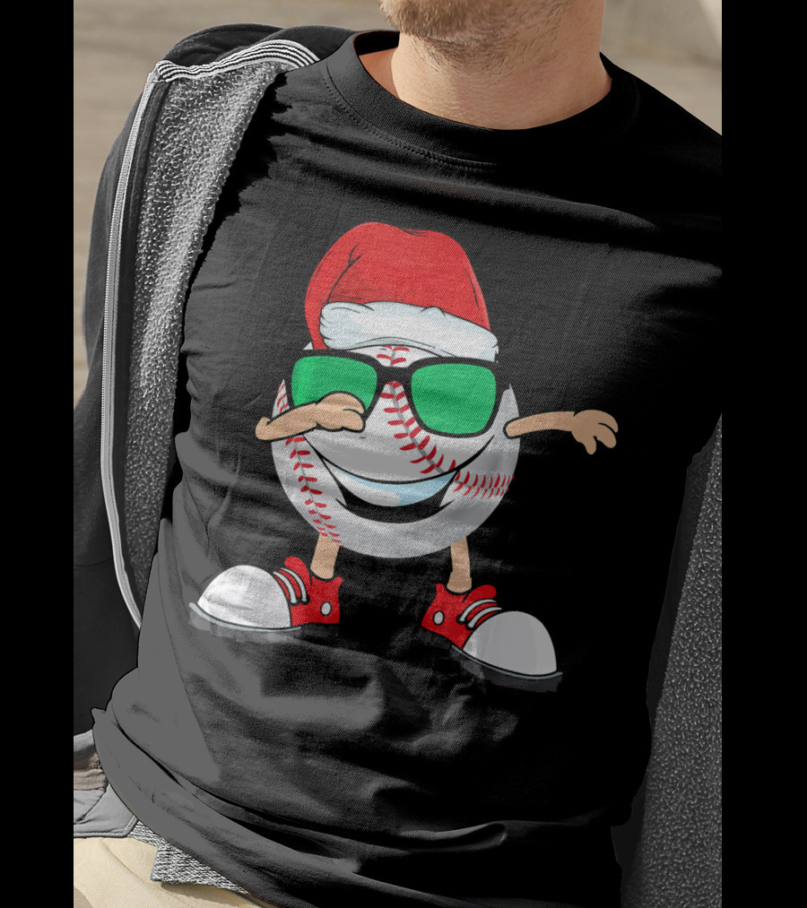Dabbing Baseball With Santa Hat And Sunglasses T-Shirt