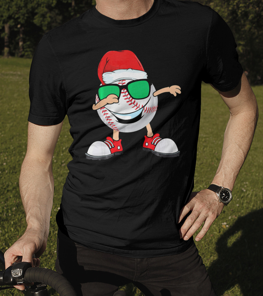 Dabbing Baseball With Santa Hat And Sunglasses T-Shirt