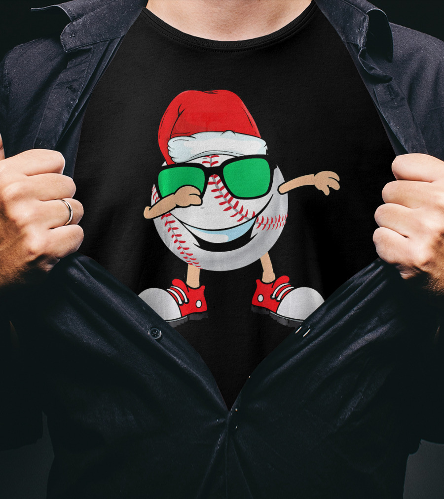 Dabbing Baseball With Santa Hat And Sunglasses T-Shirt