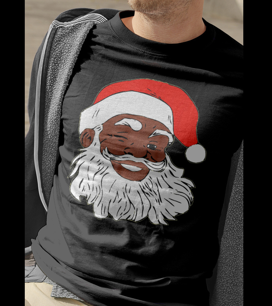 Black Santa Claus Winking In Red Hat T-Shirt