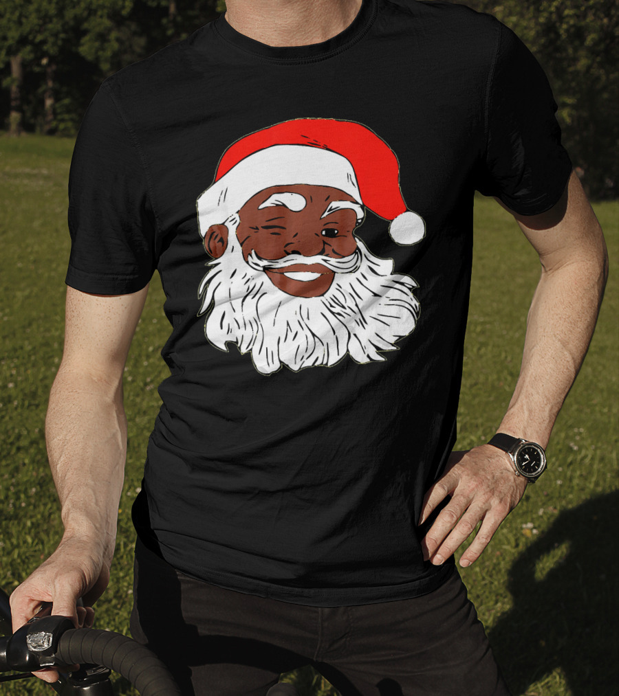 Black Santa Claus Winking In Red Hat T-Shirt