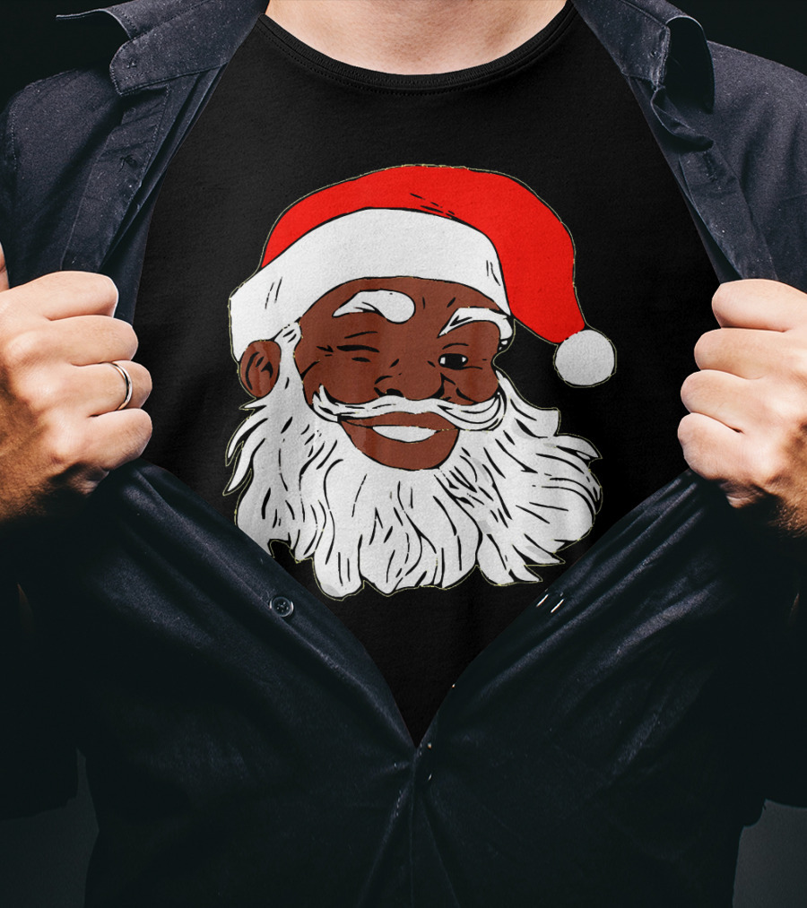 Black Santa Claus Winking In Red Hat T-Shirt