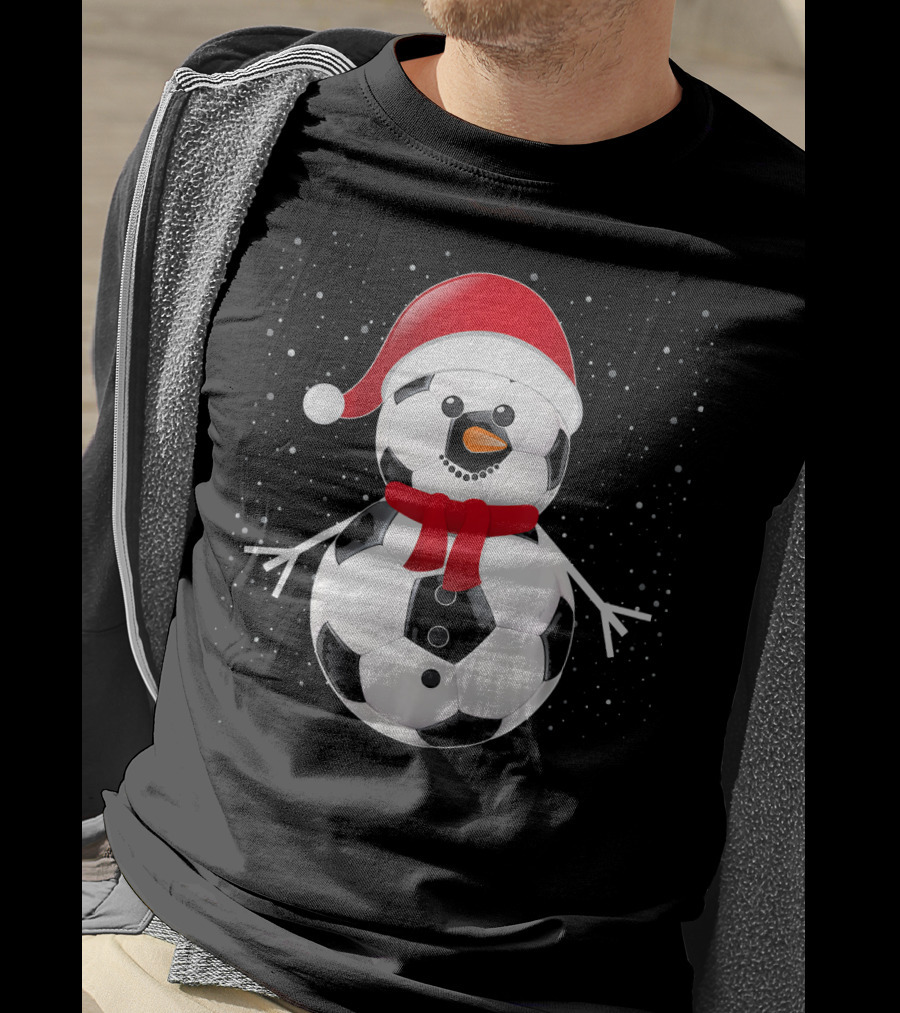 Soccer Football Snowman Santa Hat Scarf Holiday Winter Snowflakes T-Shirt