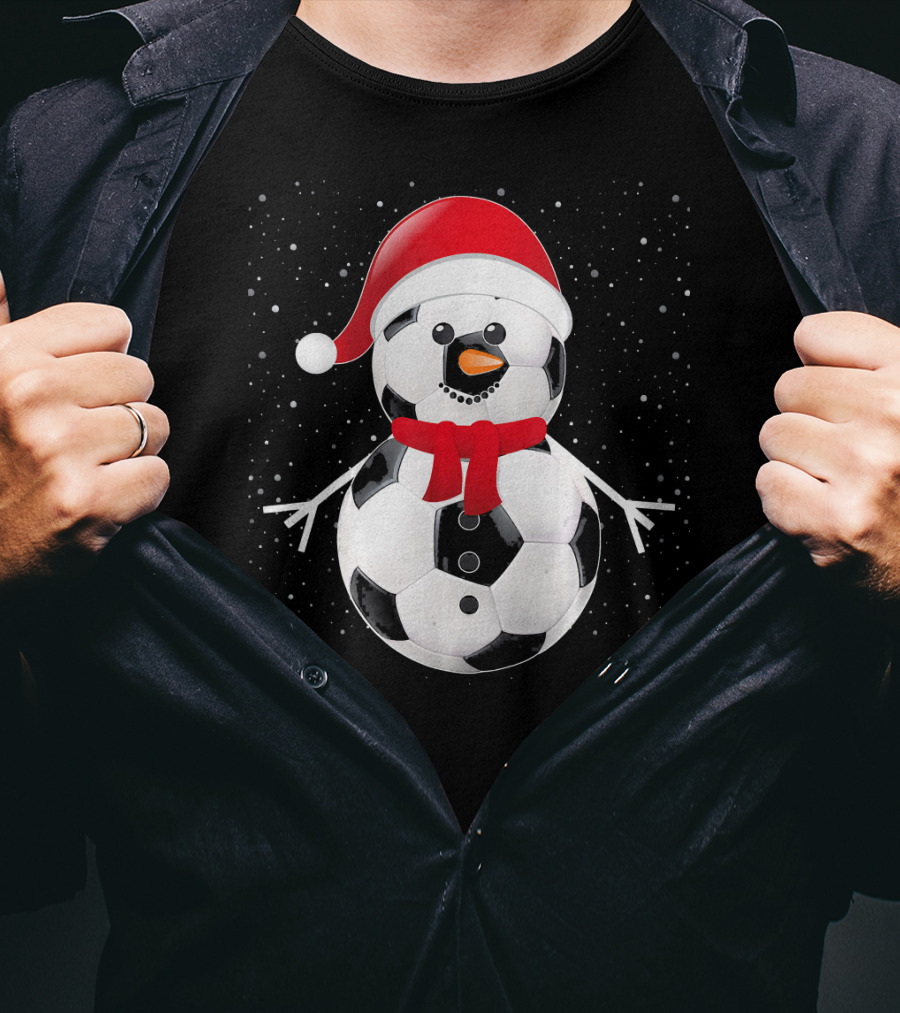 Soccer Football Snowman Santa Hat Scarf Holiday Winter Snowflakes T-Shirt