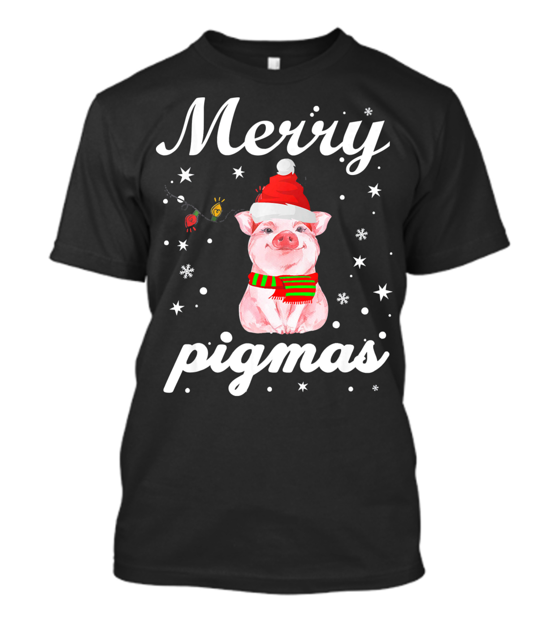 Merry Pigmas Santa Pig With Christmas Lights And Snowflakes T-Shirt