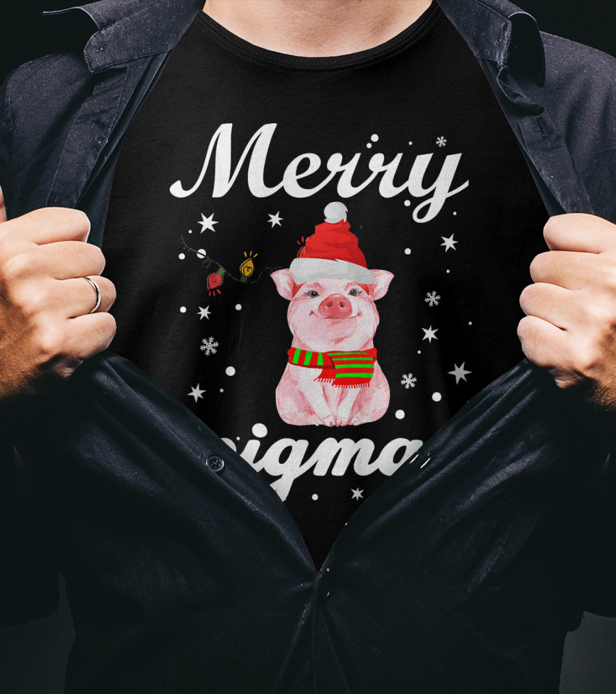 Merry Pigmas Santa Pig With Christmas Lights And Snowflakes T-Shirt