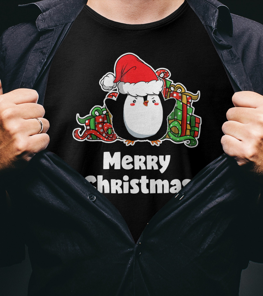 Merry Christmas Penguin Santa Hat Gift Wrapping T-Shirt