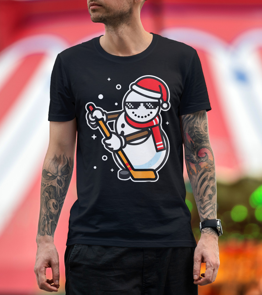 Ice Hockey Player Snowman Funny Boy Cool Nerd Santa T-Shirt