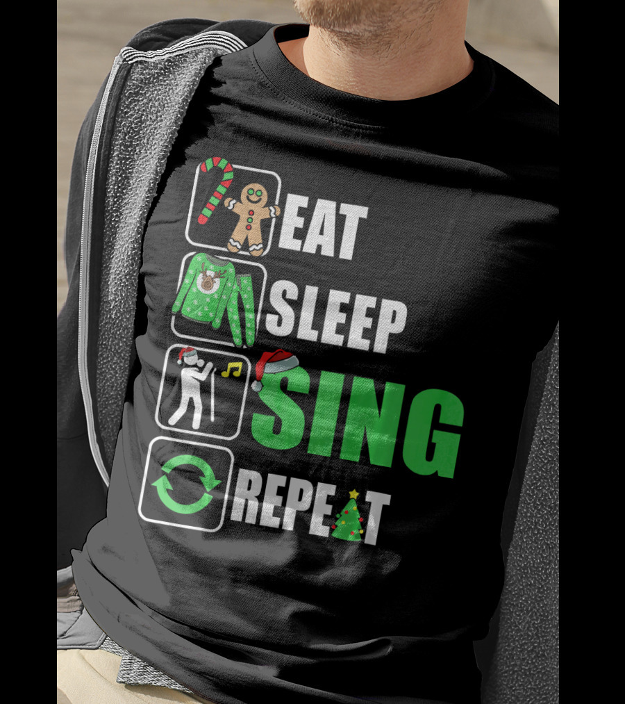 Eat Sleep Sing Repeat Christmas Sweater Singer Candy Cane Gingerbread Music Tree T-Shirt