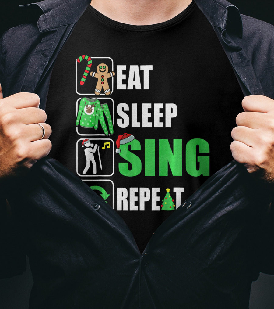 Eat Sleep Sing Repeat Christmas Sweater Singer Candy Cane Gingerbread Music Tree T-Shirt