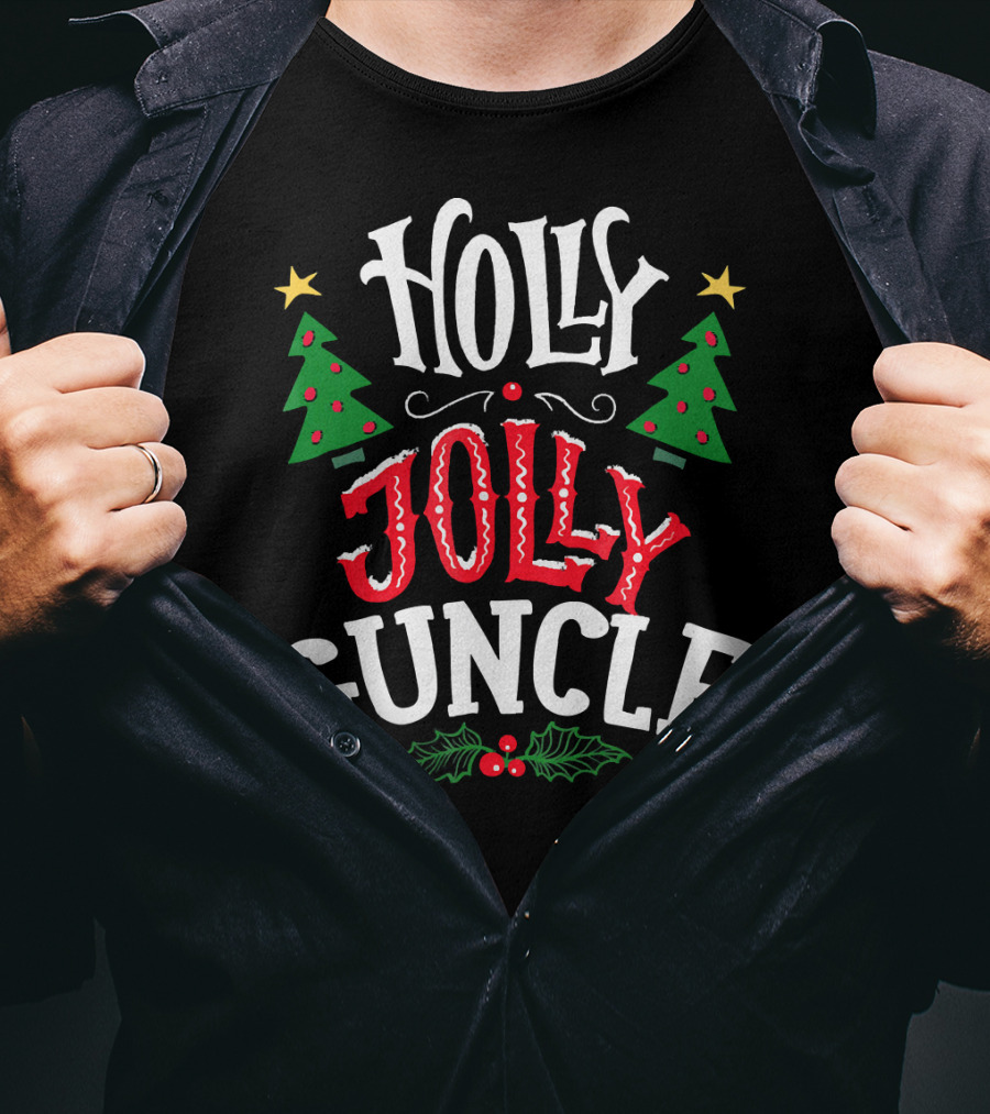 Holly Jolly Guncle Christmas Trees Stars Holly Berries T-Shirt