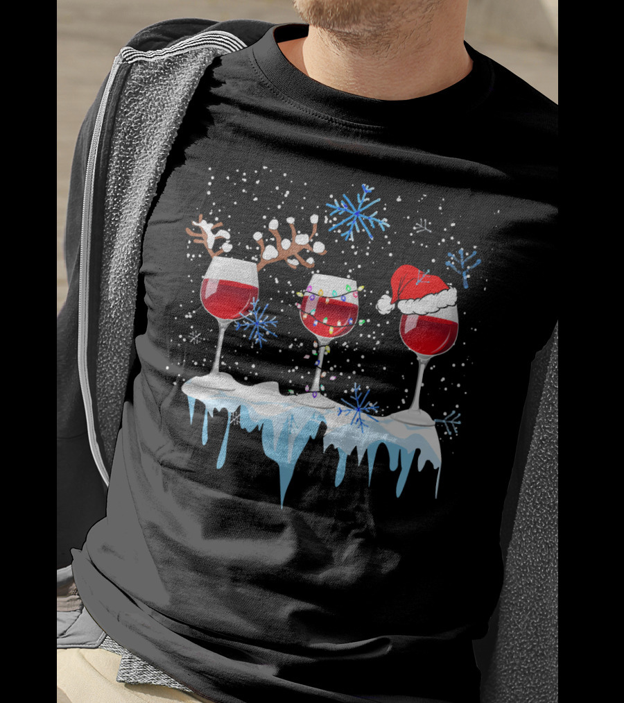 Christmas Reindeer Wine Glasses Santa Hat Snowflakes Holiday T-Shirt