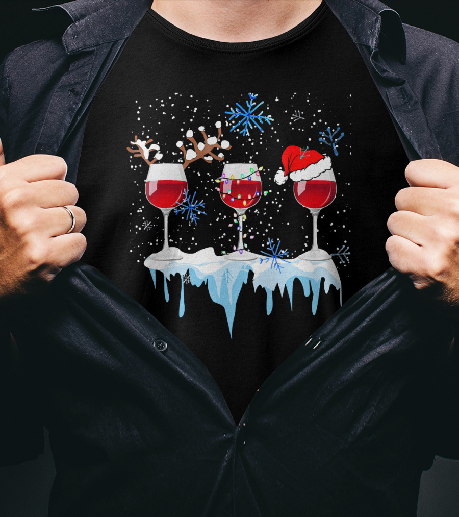 Christmas Reindeer Wine Glasses Santa Hat Snowflakes Holiday T-Shirt