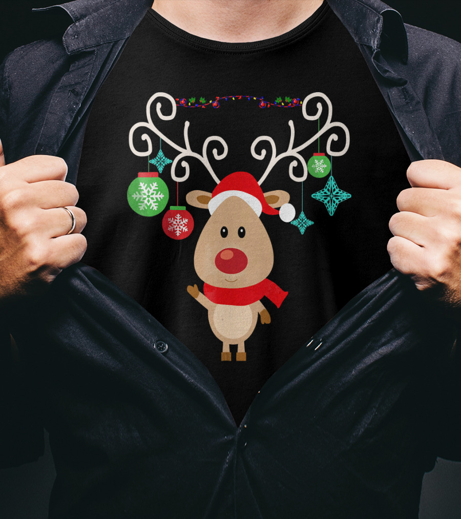 Santa Hat Rudolph Reindeer With Christmas Ornaments Red Nose T-Shirt