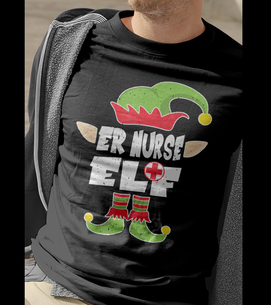 ER Nurse Elf Emergency Squad Christmas Hat And Shoes T-Shirt