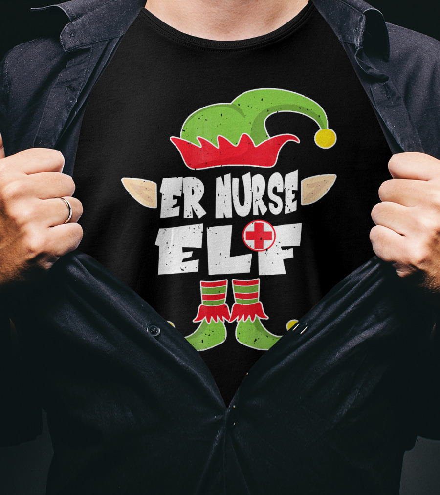 ER Nurse Elf Emergency Squad Christmas Hat And Shoes T-Shirt