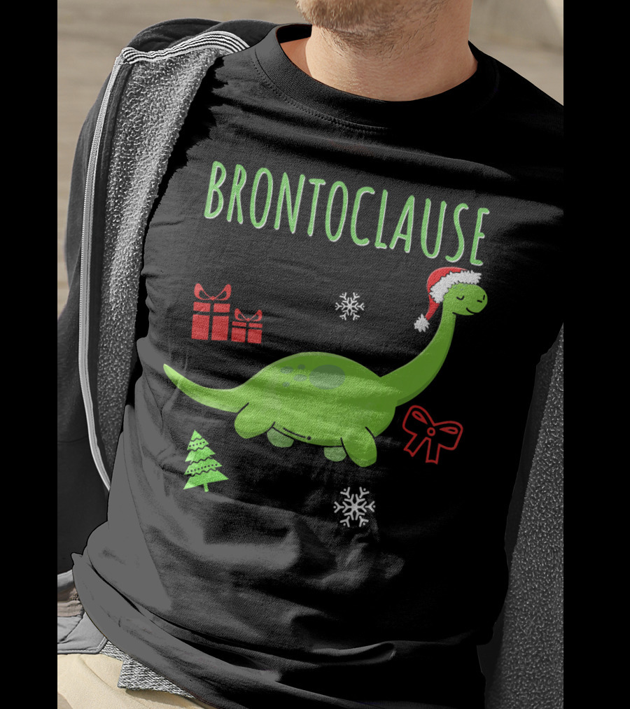 Brontoclause Christmas Dinosaur With Santa Hat And Holiday Gifts T-Shirt
