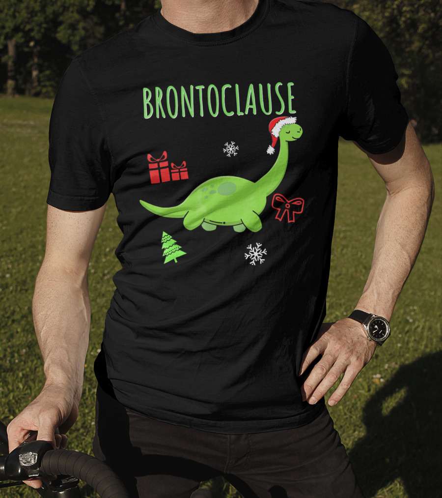 Brontoclause Christmas Dinosaur With Santa Hat And Holiday Gifts T-Shirt
