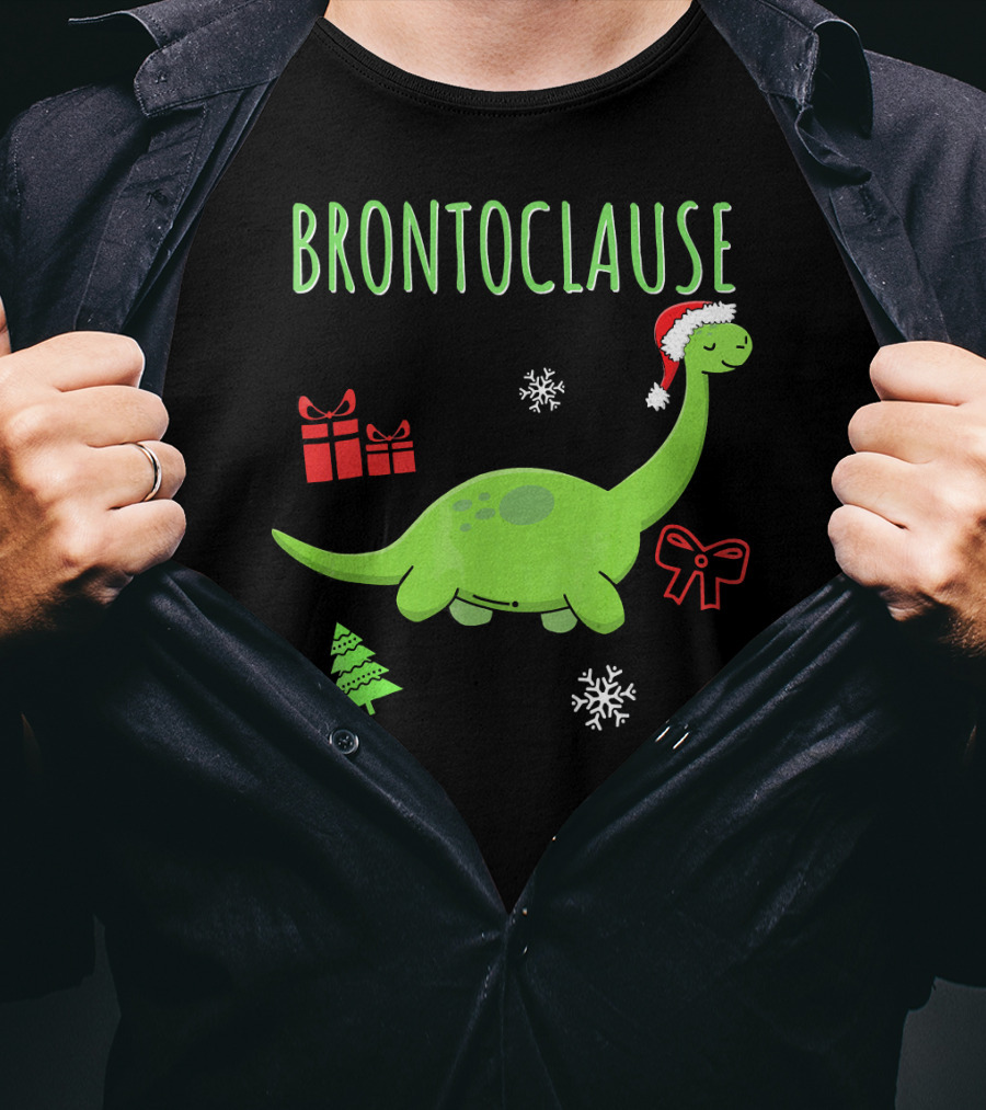 Brontoclause Christmas Dinosaur With Santa Hat And Holiday Gifts T-Shirt