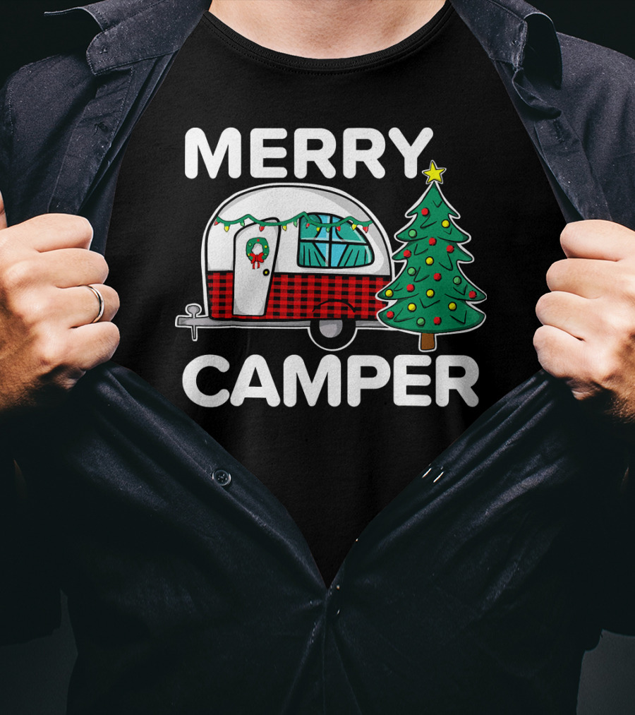 Merry Camper Vintage Camper Christmas Tree Retro Holiday Decor T-Shirt