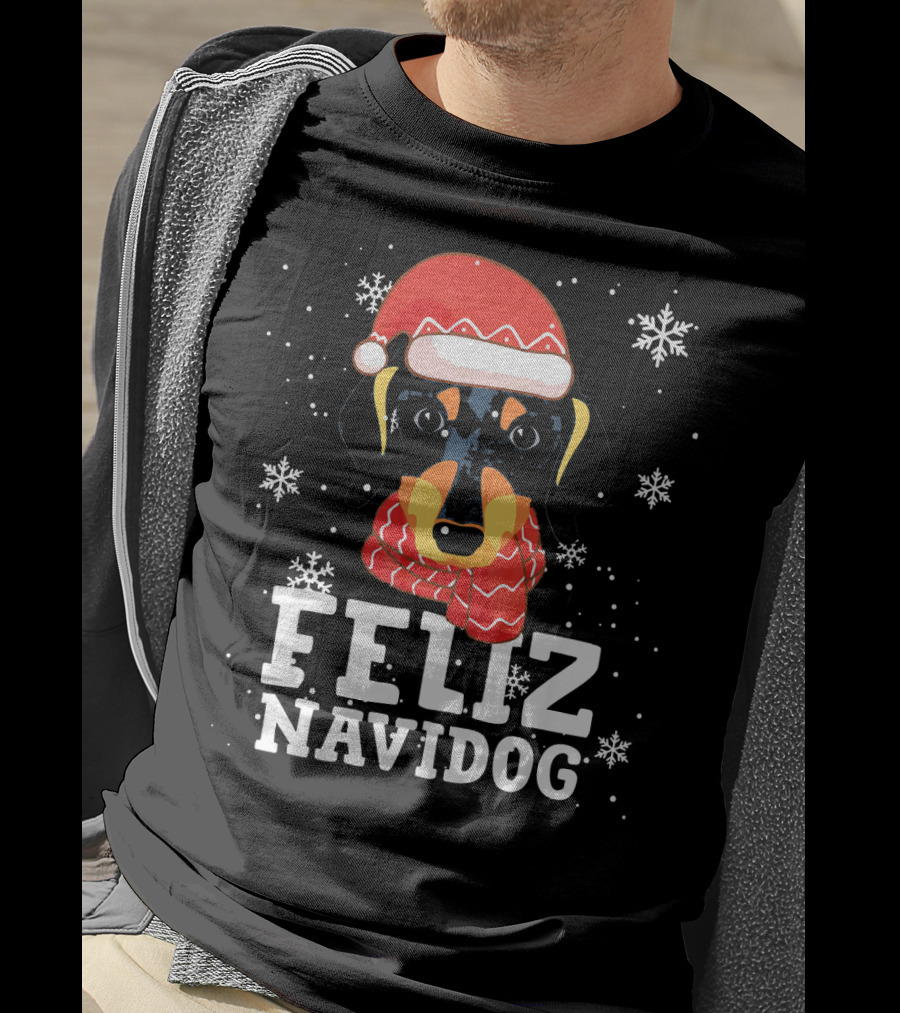 Feliz Navidog Dachshund Dog Christmas Snowflakes Santa Hat Scarf T-Shirt