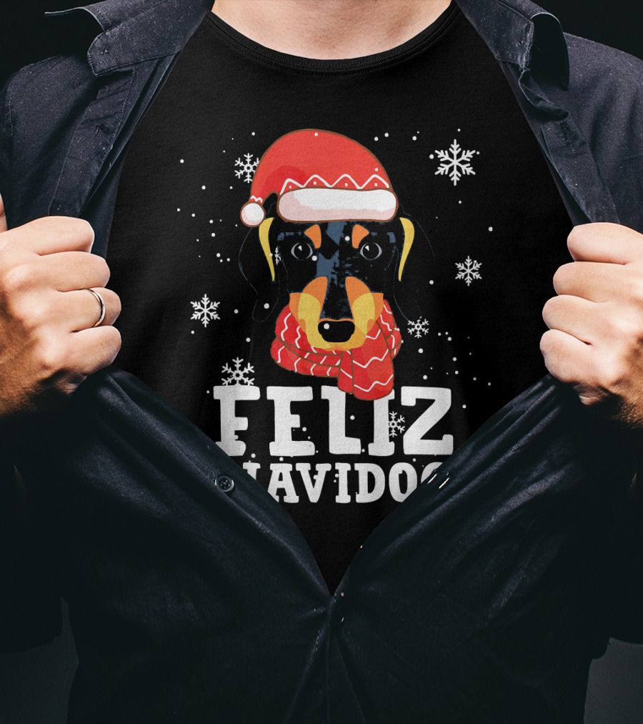 Feliz Navidog Dachshund Dog Christmas Snowflakes Santa Hat Scarf T-Shirt