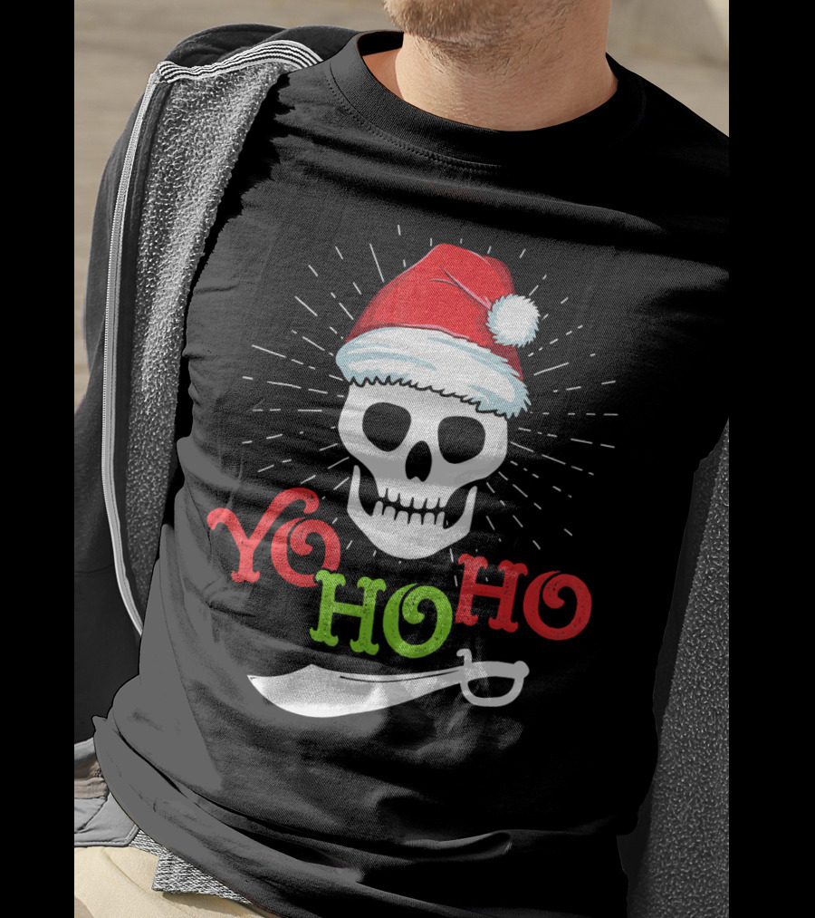 Yo Ho Ho Skull Santa Hat Pirate Sword T-Shirt