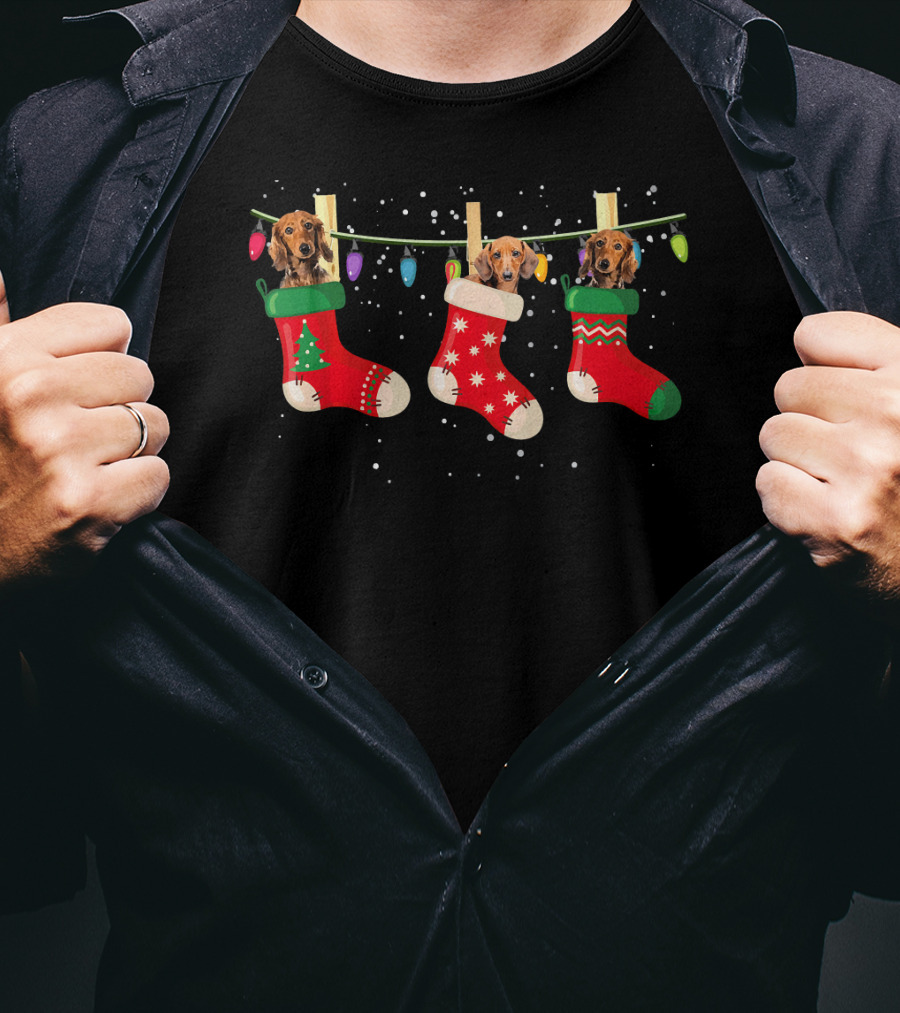 Dachshund Puppies In Christmas Stockings With Festive Lights Snowflakes T-Shirt