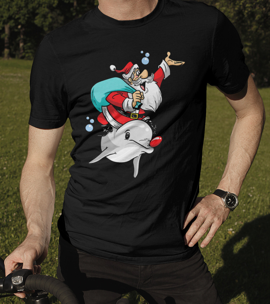 Christmas In July Santa Riding A Rudolph-Nosed Dolphin T-Shirt