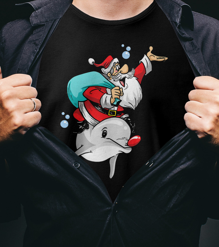 Christmas In July Santa Riding A Rudolph-Nosed Dolphin T-Shirt