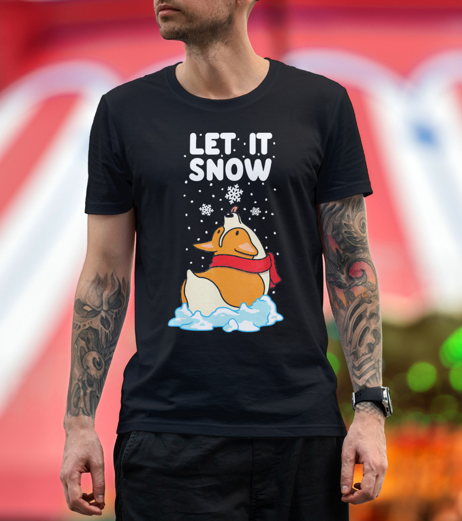 Let It Snow Corgi with Red Scarf in Snowfall T-Shirt