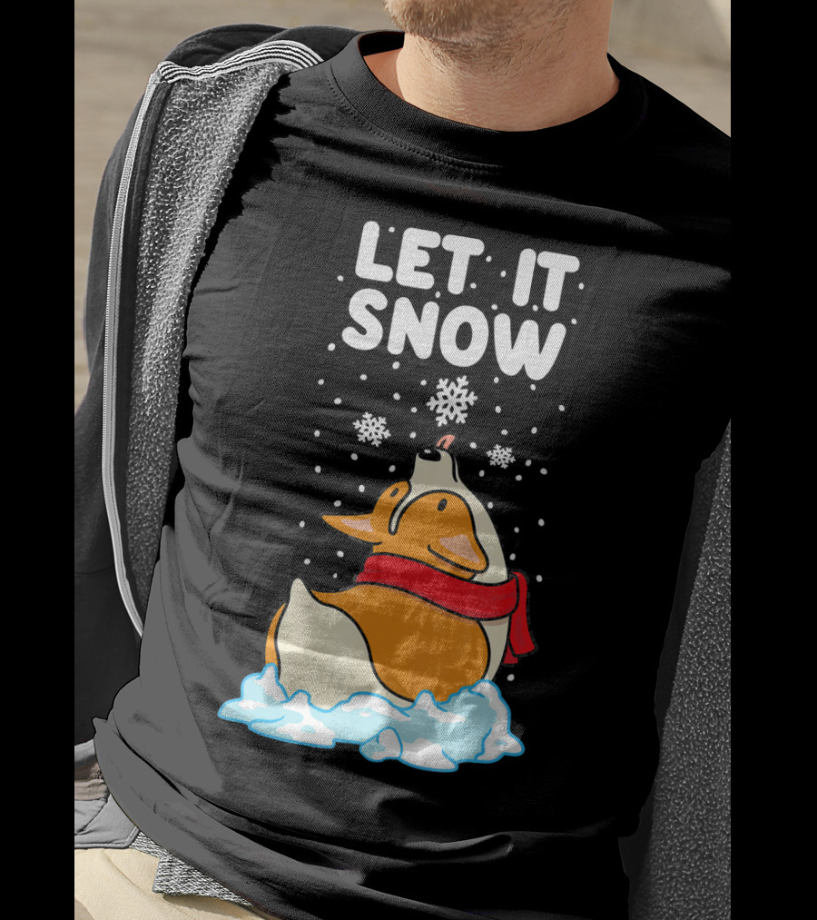 Let It Snow Corgi With Red Scarf In Snowfall T-Shirt