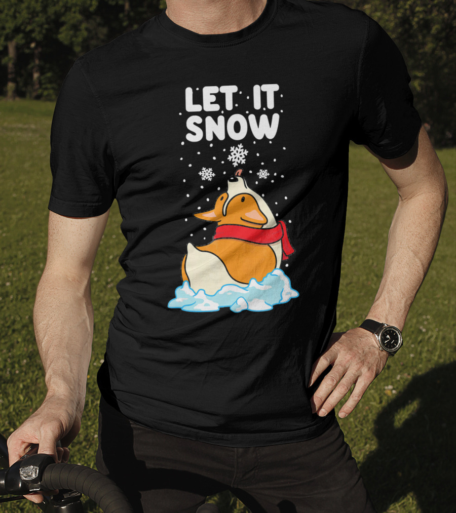 Let It Snow Corgi With Red Scarf In Snowfall T-Shirt