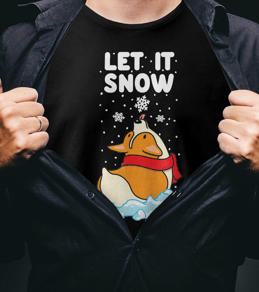 Let It Snow Corgi With Red Scarf In Snowfall T-Shirt