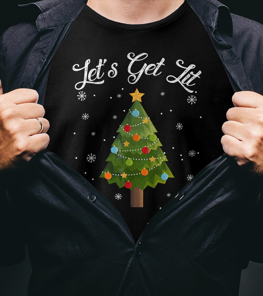 Let's Get Lit Christmas Tree Funny Drink Snowflakes T-Shirt