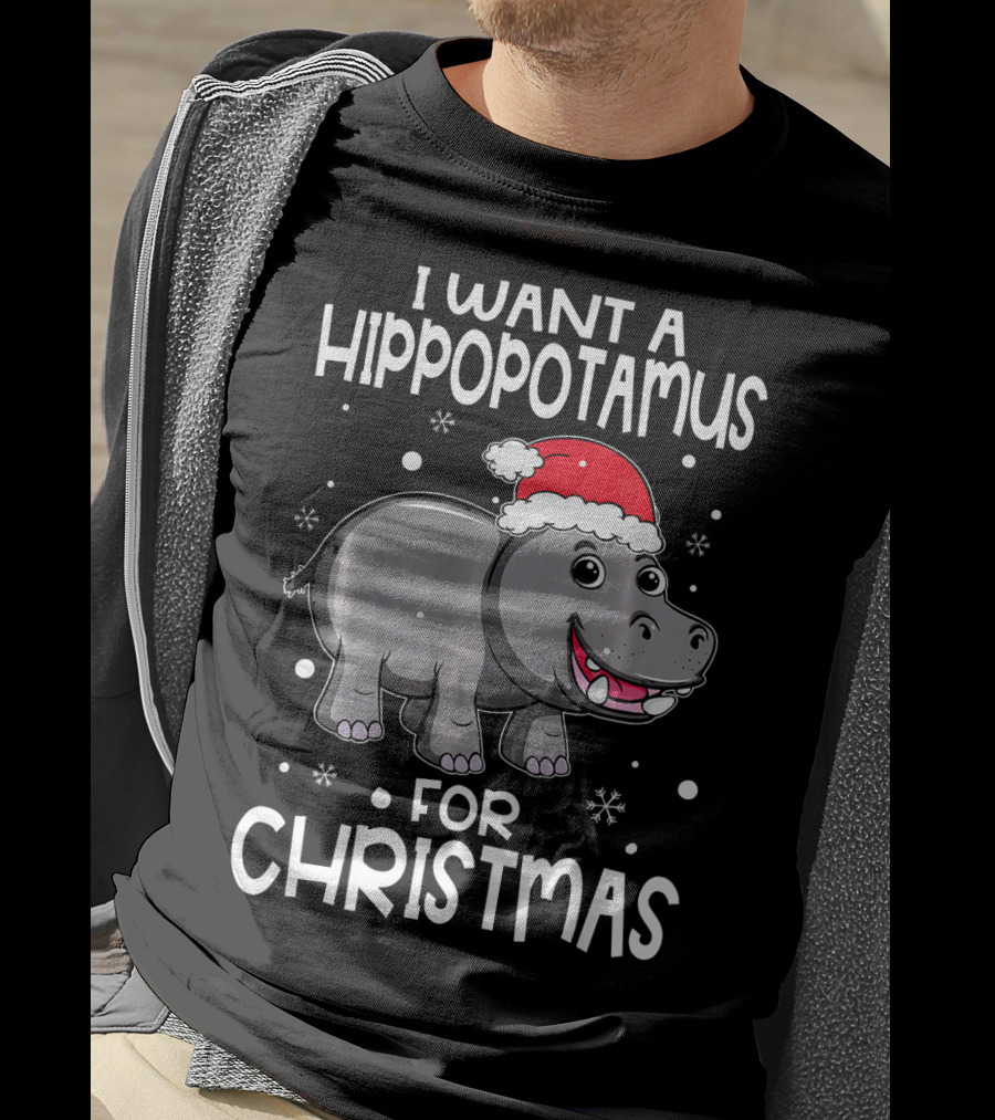 I Want A Hippopotamus For Christmas Santa Hat Snowflakes T-Shirt