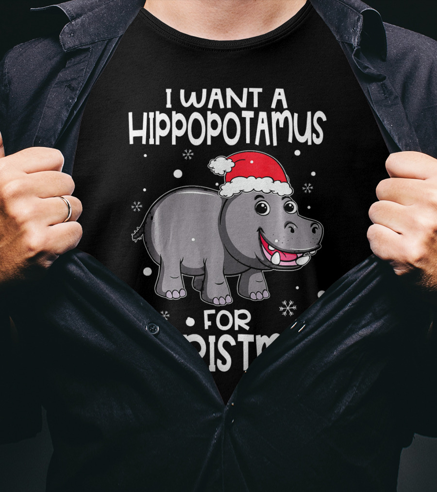 I Want A Hippopotamus For Christmas Santa Hat Snowflakes T-Shirt