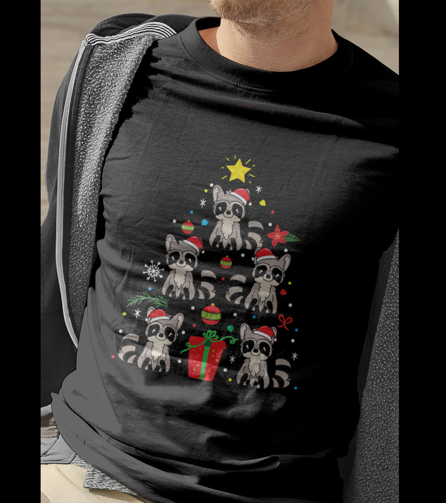 Raccoon Christmas Tree Ornament Santa Hats Holiday Gift T-Shirt