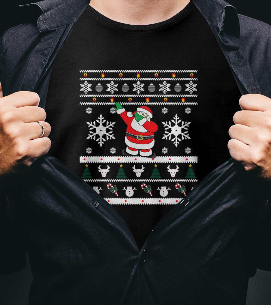 Dabbing Santa Ugly Christmas Snowflakes And Reindeer T-Shirt