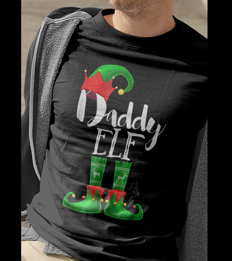 Daddy Elf Christmas Hat And Boots With Festive Green Socks T-Shirt