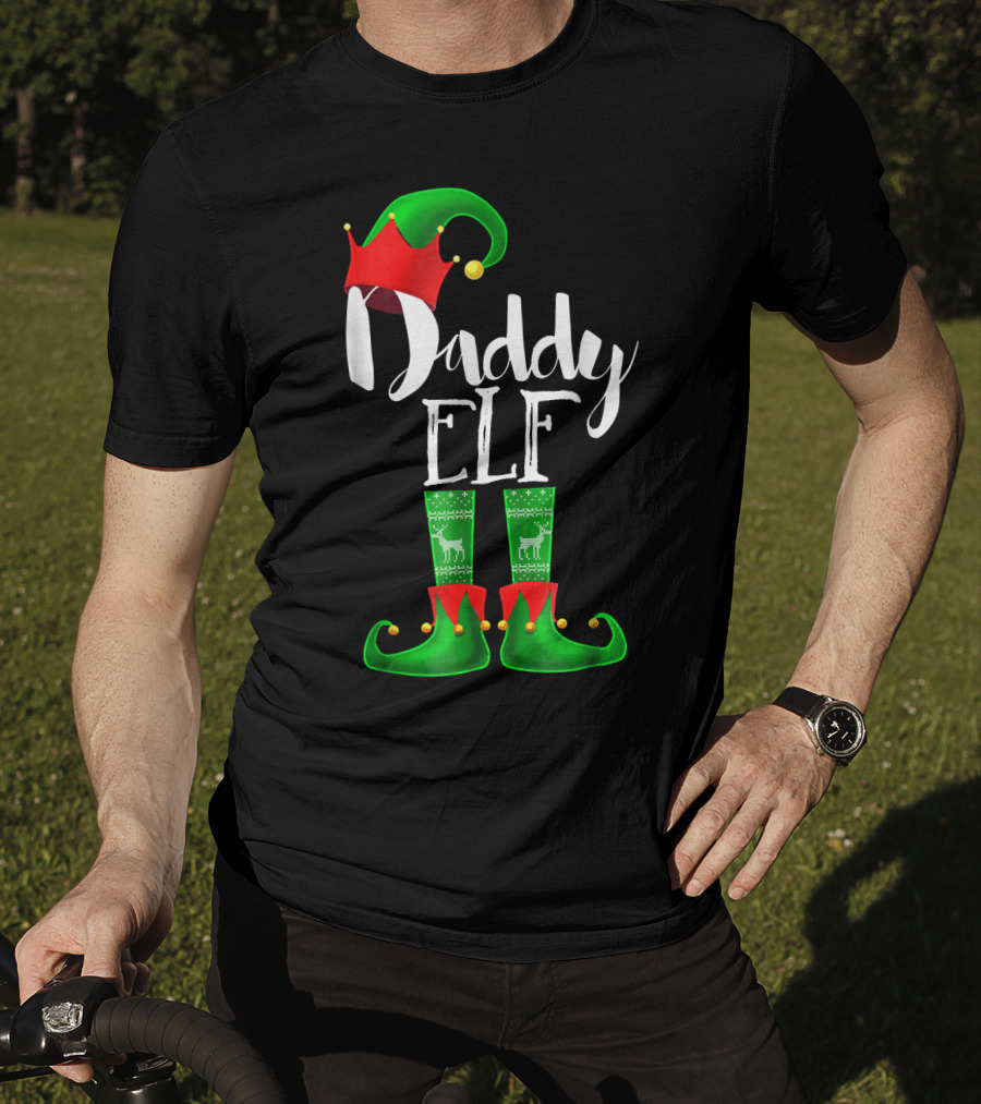 Daddy Elf Christmas Hat And Boots With Festive Green Socks T-Shirt