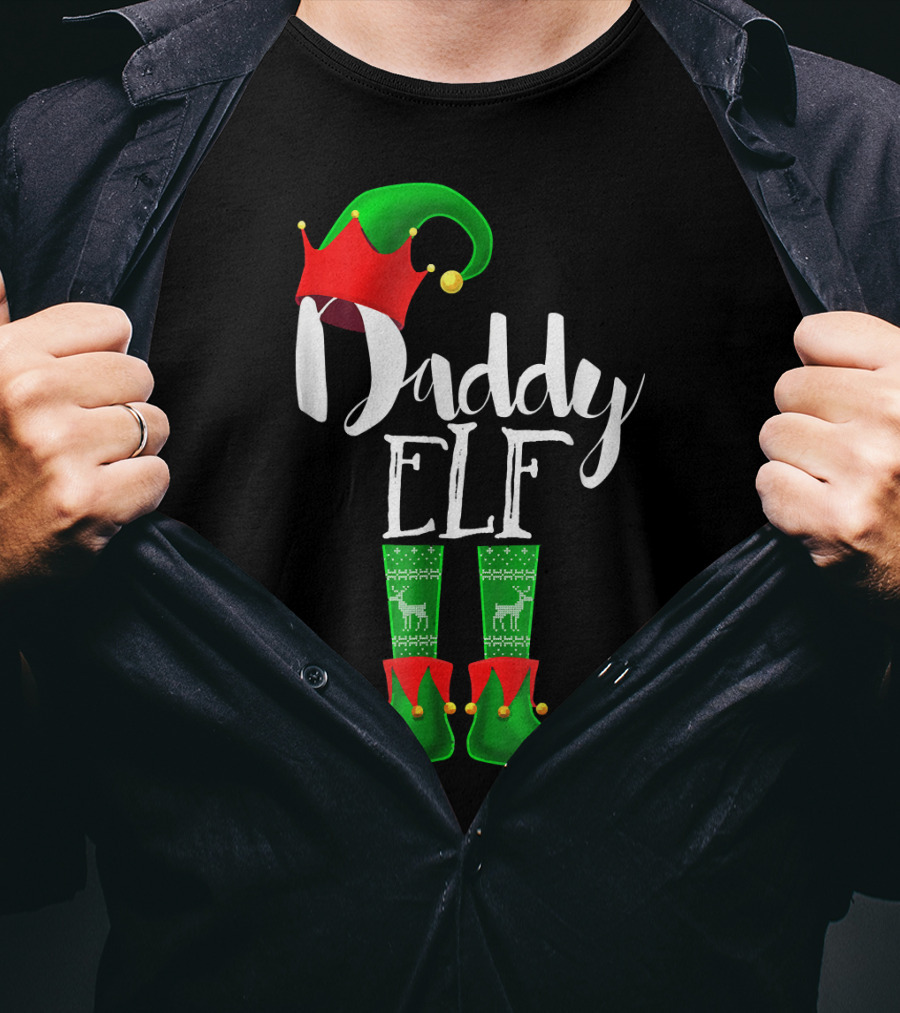 Daddy Elf Christmas Hat And Boots With Festive Green Socks T-Shirt